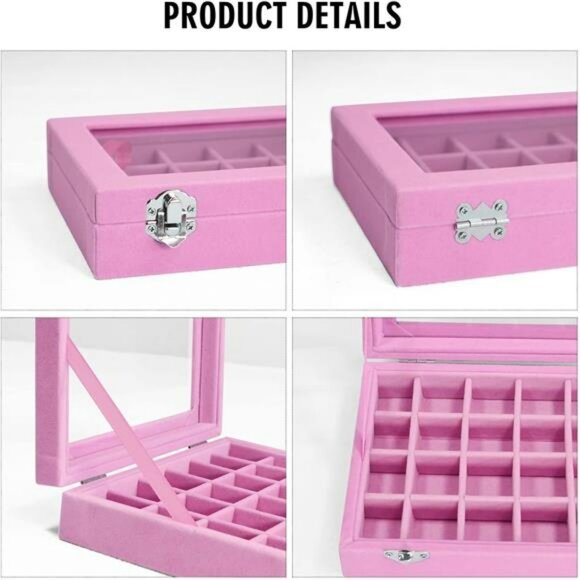 Ring Jewelry Box Organizer Pink Velvet Jewelry Display Holder 24 Grid Gift Her - Picture 5 of 6